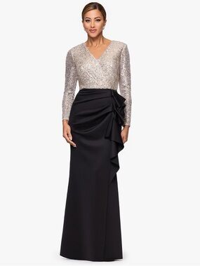 green emerald velvet dress Petite "Gigi" Techno Scuba Cross Neck Ruffle Floor Length Dress